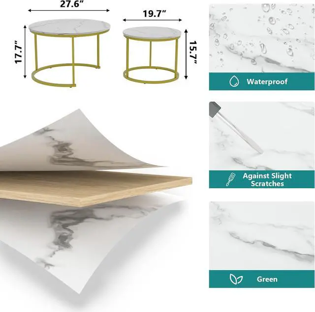 Alt view image 2 of 7 - Smuxee White Nesting Coffee Table Set of 2, 27.6" Round Coffee Table Wooden Marble Pattern with Adjustable Non-Slip Feet, Industrial End Table for Living Room Bedroom Balcony
