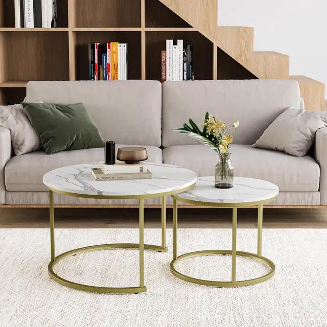 Alt view image 3 of 7 - Smuxee White Nesting Coffee Table Set of 2, 27.6" Round Coffee Table Wooden Marble Pattern with Adjustable Non-Slip Feet, Industrial End Table for Living Room Bedroom Balcony