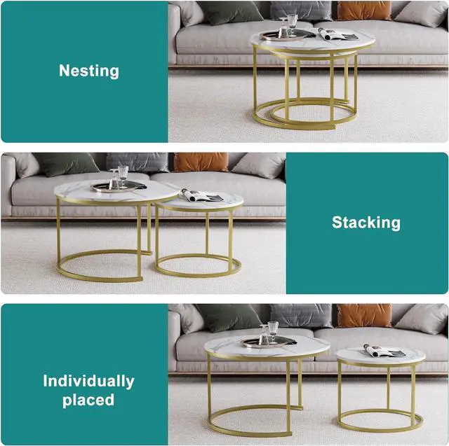 Alt view image 5 of 7 - Smuxee White Nesting Coffee Table Set of 2, 27.6" Round Coffee Table Wooden Marble Pattern with Adjustable Non-Slip Feet, Industrial End Table for Living Room Bedroom Balcony