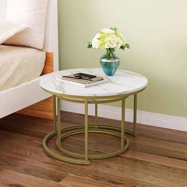 Alt view image 6 of 7 - Smuxee White Nesting Coffee Table Set of 2, 27.6" Round Coffee Table Wooden Marble Pattern with Adjustable Non-Slip Feet, Industrial End Table for Living Room Bedroom Balcony