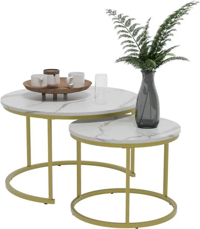 Alt view image 7 of 7 - Smuxee White Nesting Coffee Table Set of 2, 27.6" Round Coffee Table Wooden Marble Pattern with Adjustable Non-Slip Feet, Industrial End Table for Living Room Bedroom Balcony