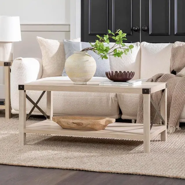 Alt view image 2 of 7 - Walker Edison Sedalia Modern Farmhouse Metal X Coffee Table, 40 Inch, White Oak