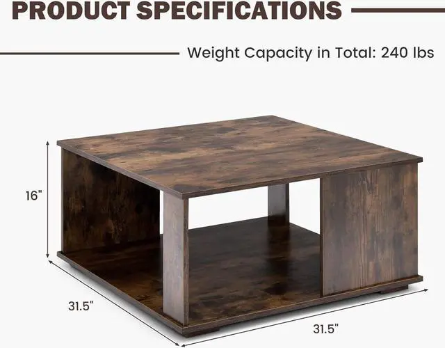 Alt view image 3 of 7 - Giantex 32 Square Coffee Table, 2-Tier Wooden Table with Storage Shelf, Industrial Home Accent Table, Mid-Century Center Table Ideal for Living Room, Study Room(Rustic Brown)