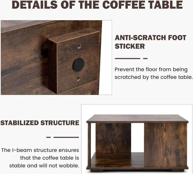 Alt view image 4 of 7 - Giantex 32 Square Coffee Table, 2-Tier Wooden Table with Storage Shelf, Industrial Home Accent Table, Mid-Century Center Table Ideal for Living Room, Study Room(Rustic Brown)