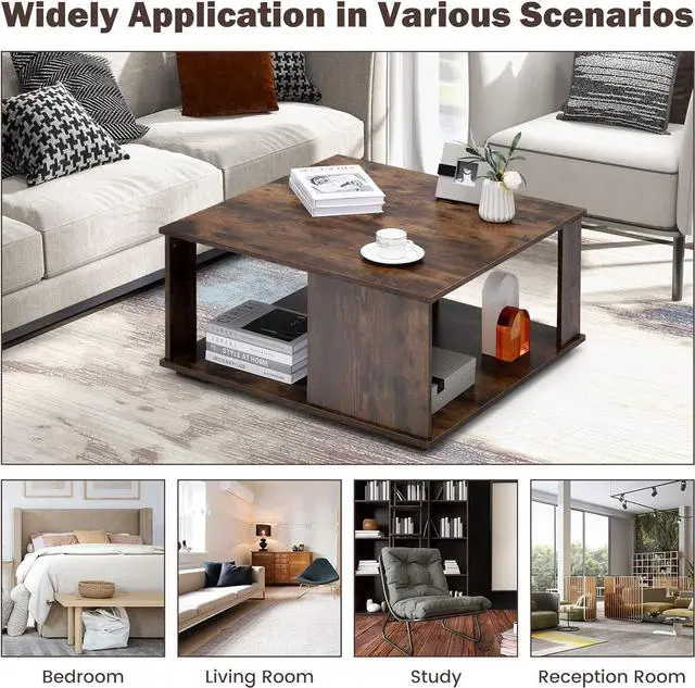Alt view image 7 of 7 - Giantex 32 Square Coffee Table, 2-Tier Wooden Table with Storage Shelf, Industrial Home Accent Table, Mid-Century Center Table Ideal for Living Room, Study Room(Rustic Brown)