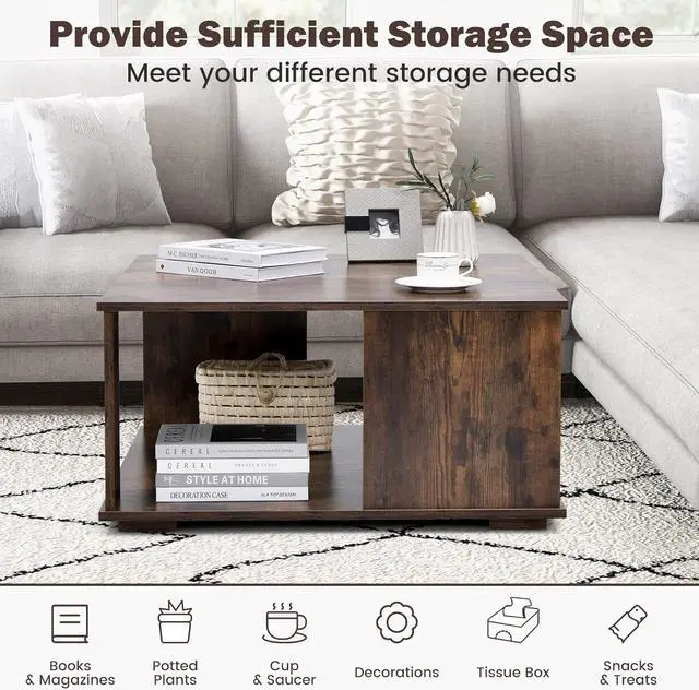 Alt view image 6 of 7 - Giantex 32 Square Coffee Table, 2-Tier Wooden Table with Storage Shelf, Industrial Home Accent Table, Mid-Century Center Table Ideal for Living Room, Study Room(Rustic Brown)