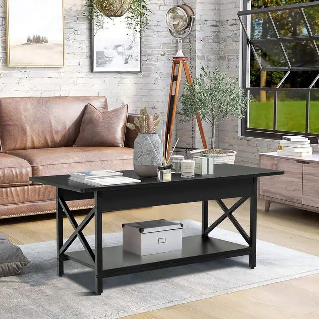 Alt view image 2 of 7 - COSTWAY Industrial Coffee Table, 2-Tier Wood Cocktail Tea Table with Storage Shelf and X-Shape Steel Frame, Rectangle Sofa Side Accent Table for Living Room Home Office, Black