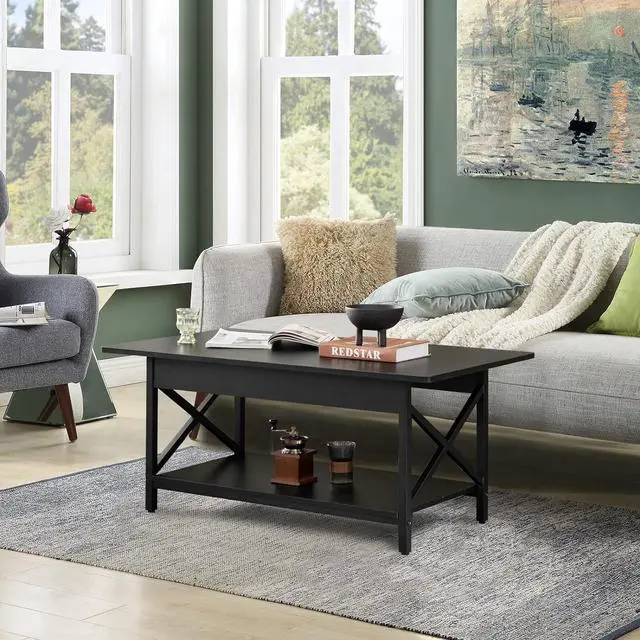 Alt view image 3 of 7 - COSTWAY Industrial Coffee Table, 2-Tier Wood Cocktail Tea Table with Storage Shelf and X-Shape Steel Frame, Rectangle Sofa Side Accent Table for Living Room Home Office, Black
