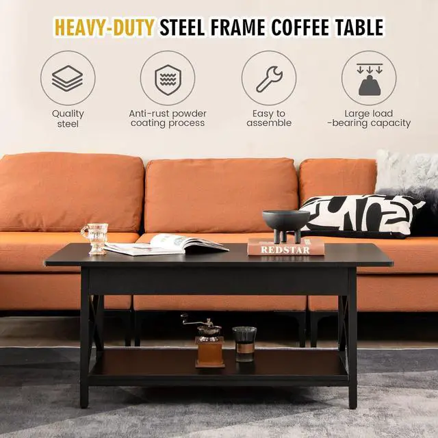 Alt view image 4 of 7 - COSTWAY Industrial Coffee Table, 2-Tier Wood Cocktail Tea Table with Storage Shelf and X-Shape Steel Frame, Rectangle Sofa Side Accent Table for Living Room Home Office, Black