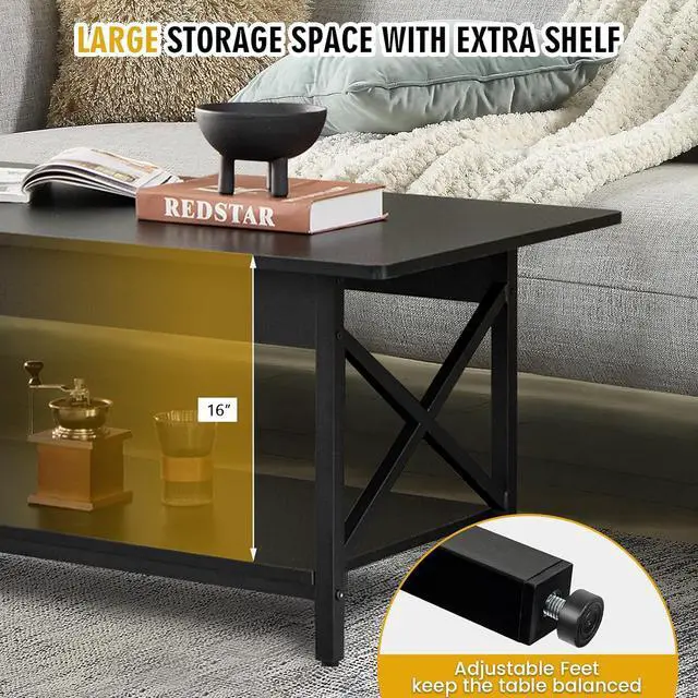 Alt view image 5 of 7 - COSTWAY Industrial Coffee Table, 2-Tier Wood Cocktail Tea Table with Storage Shelf and X-Shape Steel Frame, Rectangle Sofa Side Accent Table for Living Room Home Office, Black