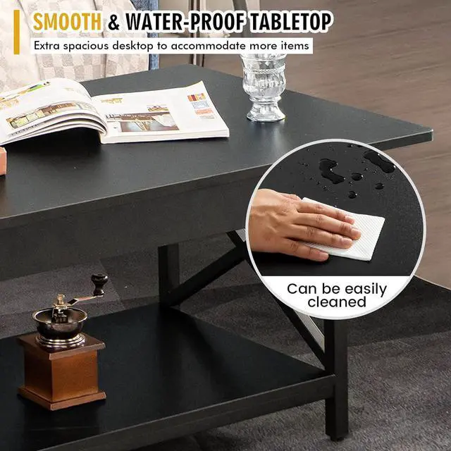 Alt view image 6 of 7 - COSTWAY Industrial Coffee Table, 2-Tier Wood Cocktail Tea Table with Storage Shelf and X-Shape Steel Frame, Rectangle Sofa Side Accent Table for Living Room Home Office, Black