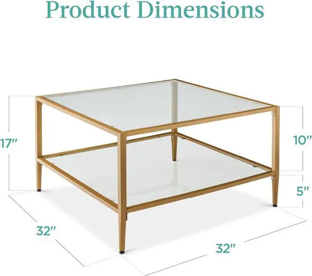 Alt view image 2 of 7 - Best Choice Products 32 Square Glass Coffee Table, Large 2-Tier Accent Furniture for Living Room, Bedroom w/Metal Frame, Glass Shelves - Gold