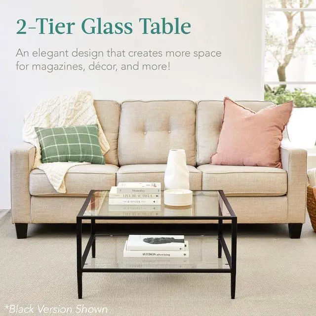Alt view image 3 of 7 - Best Choice Products 32 Square Glass Coffee Table, Large 2-Tier Accent Furniture for Living Room, Bedroom w/Metal Frame, Glass Shelves - Gold