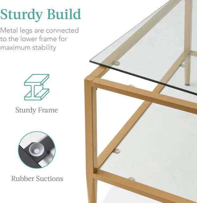 Alt view image 4 of 7 - Best Choice Products 32 Square Glass Coffee Table, Large 2-Tier Accent Furniture for Living Room, Bedroom w/Metal Frame, Glass Shelves - Gold
