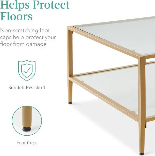 Alt view image 6 of 7 - Best Choice Products 32 Square Glass Coffee Table, Large 2-Tier Accent Furniture for Living Room, Bedroom w/Metal Frame, Glass Shelves - Gold