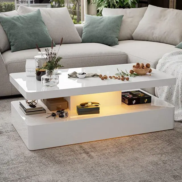 Main image of IKIFLY Modern High Glossy White Coffee Table with 16 Colors LED Lights, Contemporary Rectangle Design Living Room Furniture, 2 Tiers
