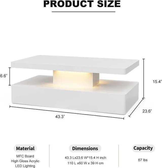 Alt view image 2 of 7 - IKIFLY Modern High Glossy White Coffee Table with 16 Colors LED Lights, Contemporary Rectangle Design Living Room Furniture, 2 Tiers