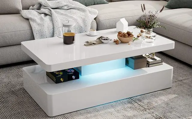 Alt view image 3 of 7 - IKIFLY Modern High Glossy White Coffee Table with 16 Colors LED Lights, Contemporary Rectangle Design Living Room Furniture, 2 Tiers
