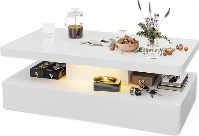 Alt view image 4 of 7 - IKIFLY Modern High Glossy White Coffee Table with 16 Colors LED Lights, Contemporary Rectangle Design Living Room Furniture, 2 Tiers