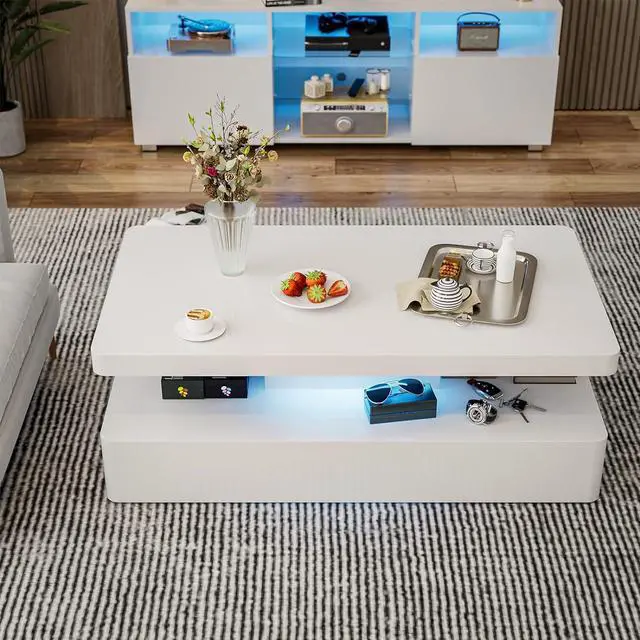 Alt view image 5 of 7 - IKIFLY Modern High Glossy White Coffee Table with 16 Colors LED Lights, Contemporary Rectangle Design Living Room Furniture, 2 Tiers