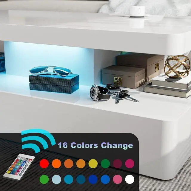 Alt view image 6 of 7 - IKIFLY Modern High Glossy White Coffee Table with 16 Colors LED Lights, Contemporary Rectangle Design Living Room Furniture, 2 Tiers
