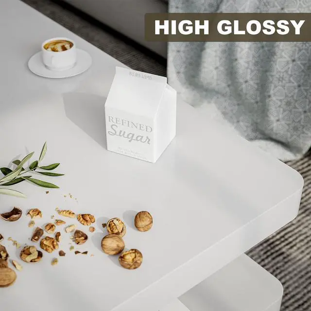 Alt view image 7 of 7 - IKIFLY Modern High Glossy White Coffee Table with 16 Colors LED Lights, Contemporary Rectangle Design Living Room Furniture, 2 Tiers