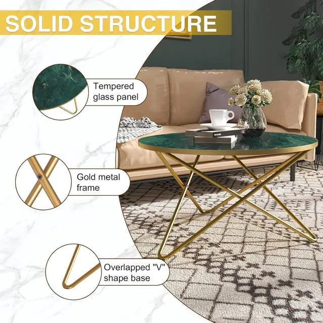 Alt view image 3 of 7 - HLR Round Coffee Table with Green Faux Marble Top
