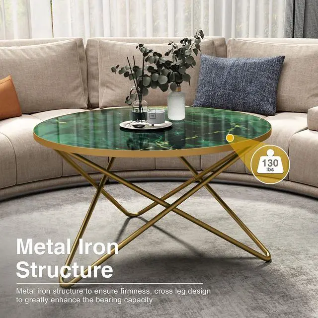 Alt view image 4 of 7 - HLR Round Coffee Table with Green Faux Marble Top