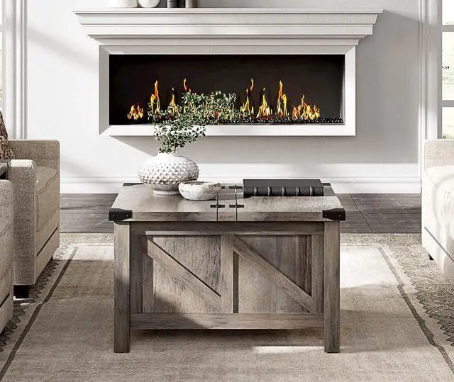 Alt view image 2 of 7 - WAMPAT Square Coffee Table, Rustic Farmhouse Center Table with Lift Top and Storage for Living Room, 30"x 30", Wash Grey