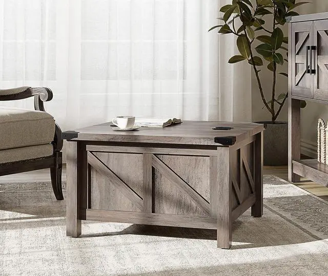 Alt view image 3 of 7 - WAMPAT Square Coffee Table, Rustic Farmhouse Center Table with Lift Top and Storage for Living Room, 30"x 30", Wash Grey