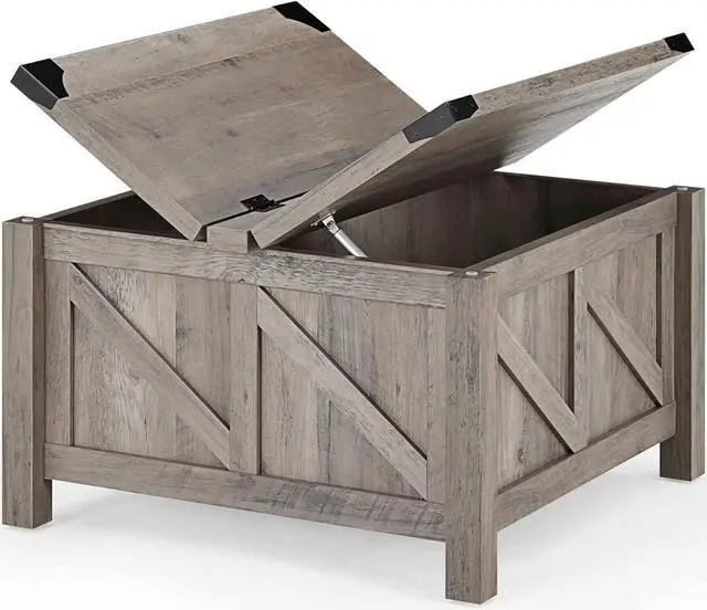 Alt view image 5 of 7 - WAMPAT Square Coffee Table, Rustic Farmhouse Center Table with Lift Top and Storage for Living Room, 30"x 30", Wash Grey
