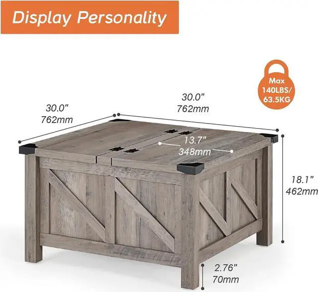 Alt view image 6 of 7 - WAMPAT Square Coffee Table, Rustic Farmhouse Center Table with Lift Top and Storage for Living Room, 30"x 30", Wash Grey