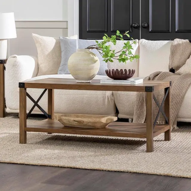 Alt view image 2 of 7 - Walker Edison Sedalia Modern Farmhouse Metal X Coffee Table, 40 Inch, Rustic Oak