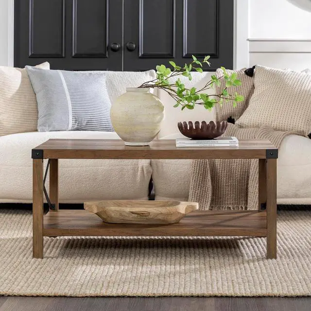 Alt view image 5 of 7 - Walker Edison Sedalia Modern Farmhouse Metal X Coffee Table, 40 Inch, Rustic Oak