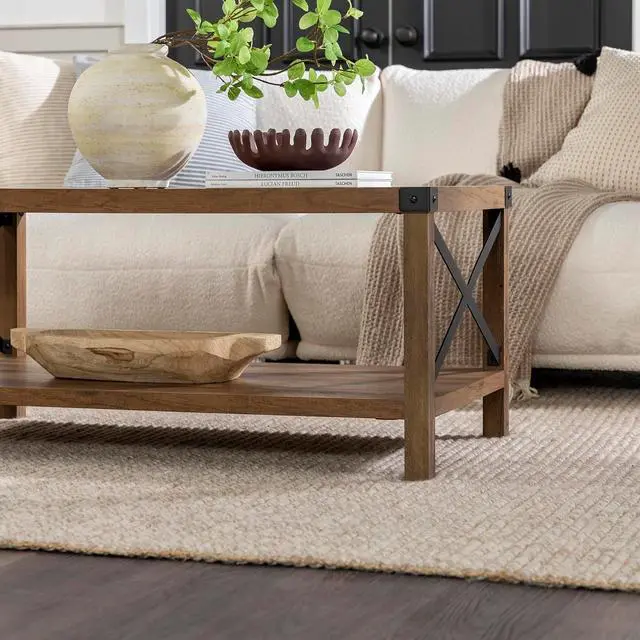 Alt view image 6 of 7 - Walker Edison Sedalia Modern Farmhouse Metal X Coffee Table, 40 Inch, Rustic Oak