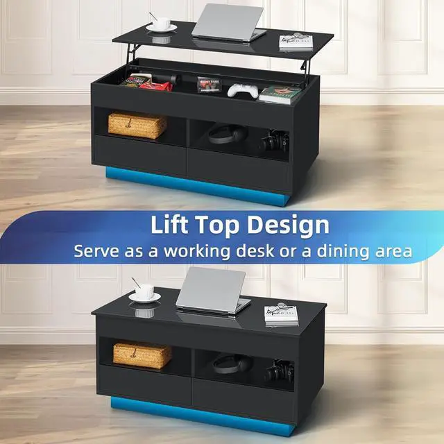 Alt view image 3 of 7 - HOMMPA 40'' LED Coffee Table Morden with High Gloss Black Lift Top Dining Table with Hidden Storage Living Room 4 Tiers Tea Table Center Tables Hidden Compartment & 2 Open Shelve & 2 Drawers