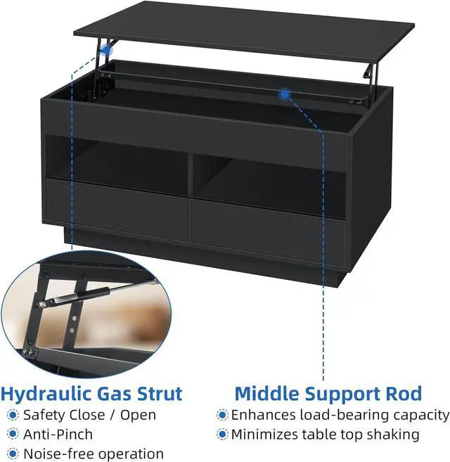 Alt view image 7 of 7 - HOMMPA 40'' LED Coffee Table Morden with High Gloss Black Lift Top Dining Table with Hidden Storage Living Room 4 Tiers Tea Table Center Tables Hidden Compartment & 2 Open Shelve & 2 Drawers
