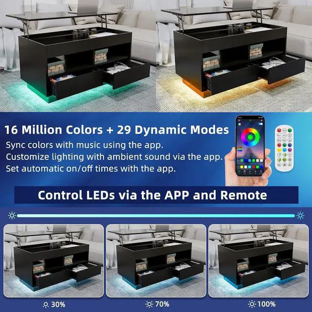 Alt view image 4 of 7 - HOMMPA 40'' LED Coffee Table Morden with High Gloss Black Lift Top Dining Table with Hidden Storage Living Room 4 Tiers Tea Table Center Tables Hidden Compartment & 2 Open Shelve & 2 Drawers