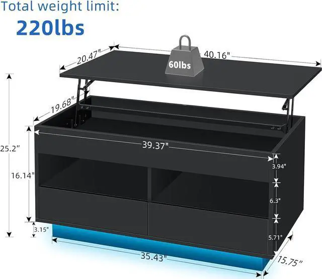 Alt view image 5 of 7 - HOMMPA 40'' LED Coffee Table Morden with High Gloss Black Lift Top Dining Table with Hidden Storage Living Room 4 Tiers Tea Table Center Tables Hidden Compartment & 2 Open Shelve & 2 Drawers