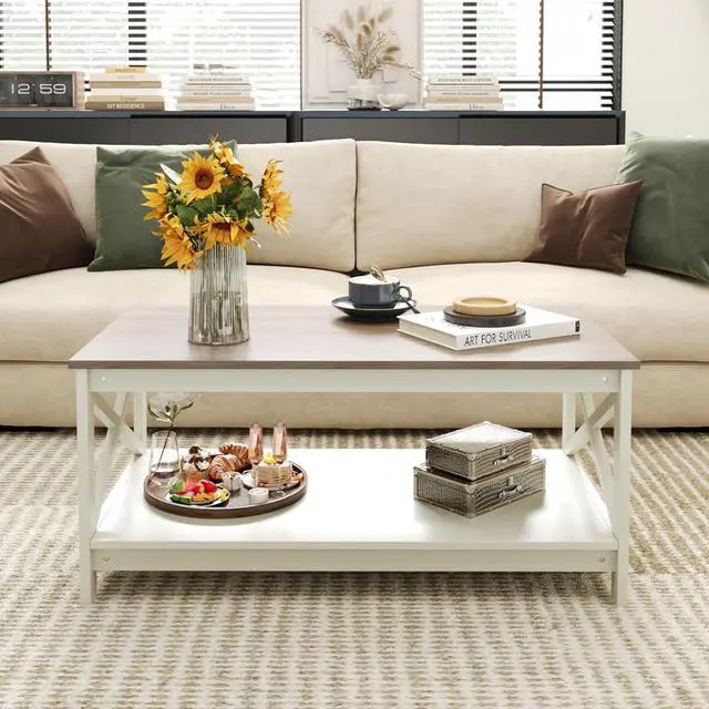 Alt view image 7 of 7 - Sophia & William Farmhouse Coffee Table with Storage Shelf for Living Room, Ivory