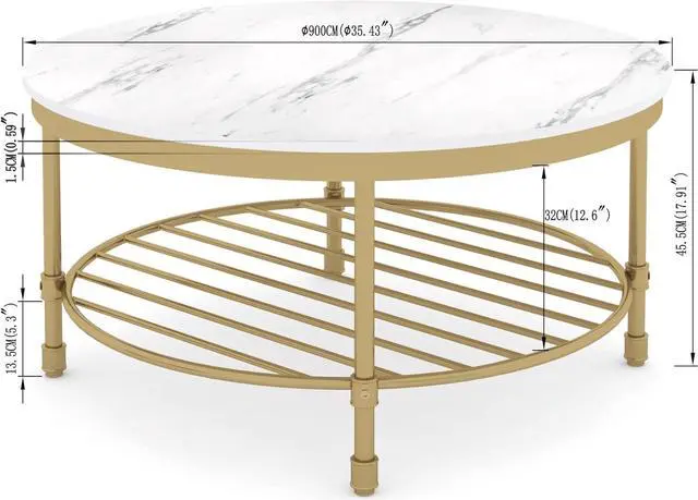 Alt view image 2 of 7 - Gezen Round Coffee Table for Living Room, 2-Tier Modern Coffee Table with Open Storage Shelf, Industrial Rustic Steel Accent Table, Wooden Tabletop, Metal Frame - Marble White with Gold Frame