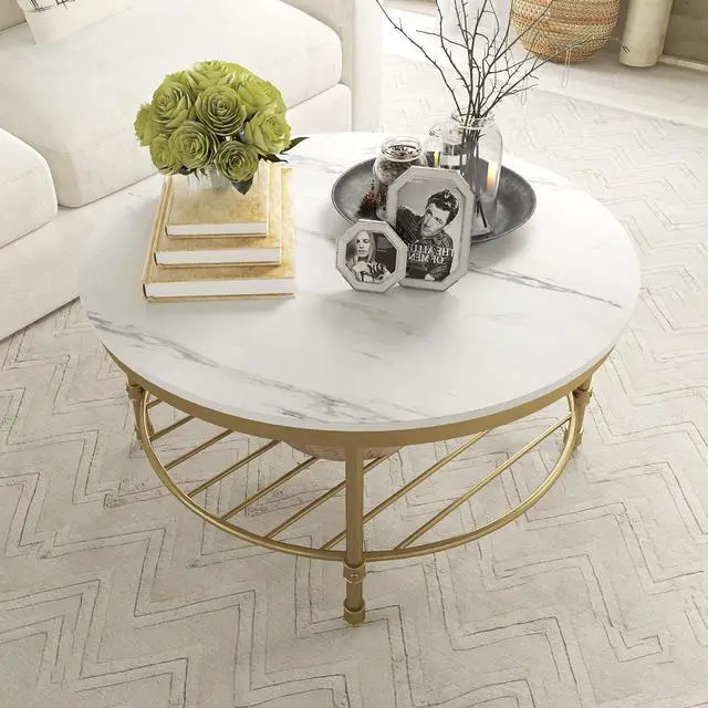 Alt view image 3 of 7 - Gezen Round Coffee Table for Living Room, 2-Tier Modern Coffee Table with Open Storage Shelf, Industrial Rustic Steel Accent Table, Wooden Tabletop, Metal Frame - Marble White with Gold Frame