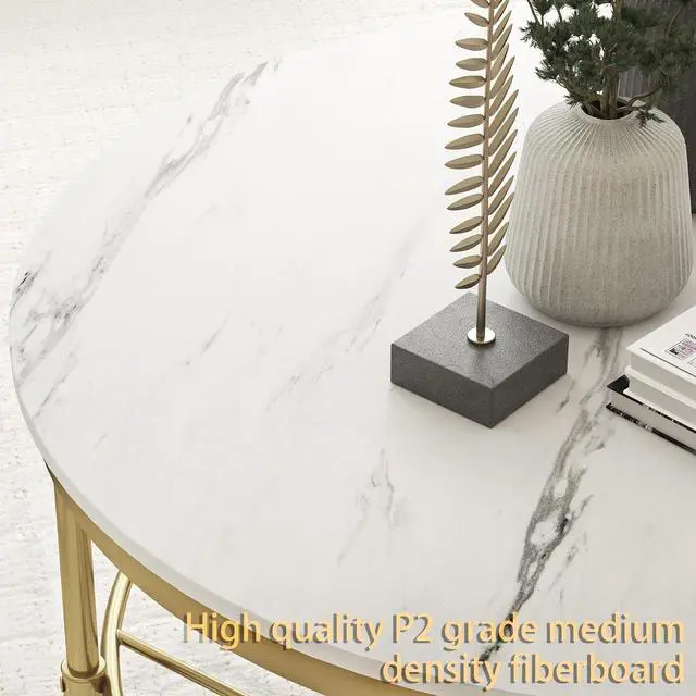 Alt view image 4 of 7 - Gezen Round Coffee Table for Living Room, 2-Tier Modern Coffee Table with Open Storage Shelf, Industrial Rustic Steel Accent Table, Wooden Tabletop, Metal Frame - Marble White with Gold Frame
