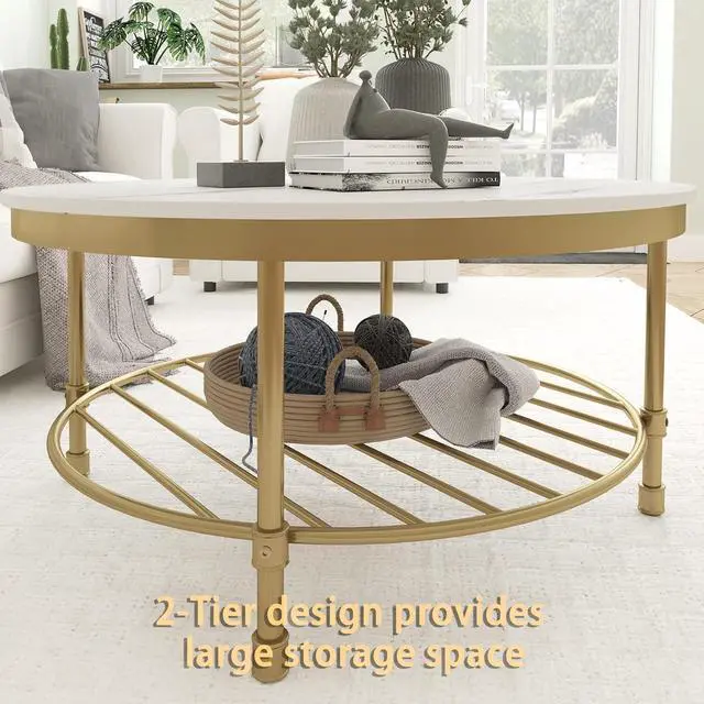Alt view image 5 of 7 - Gezen Round Coffee Table for Living Room, 2-Tier Modern Coffee Table with Open Storage Shelf, Industrial Rustic Steel Accent Table, Wooden Tabletop, Metal Frame - Marble White with Gold Frame