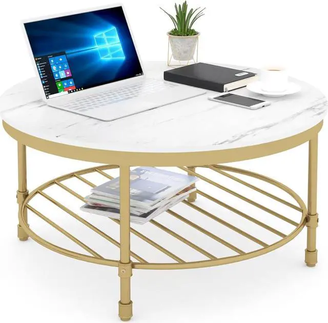 Alt view image 6 of 7 - Gezen Round Coffee Table for Living Room, 2-Tier Modern Coffee Table with Open Storage Shelf, Industrial Rustic Steel Accent Table, Wooden Tabletop, Metal Frame - Marble White with Gold Frame