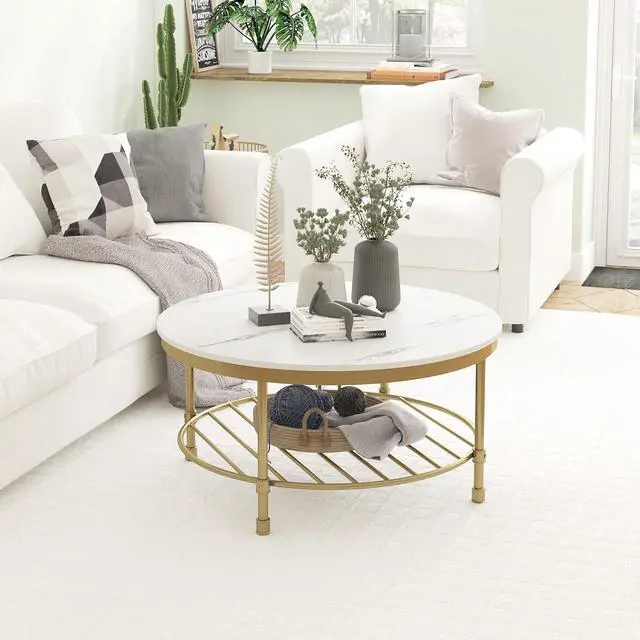 Alt view image 7 of 7 - Gezen Round Coffee Table for Living Room, 2-Tier Modern Coffee Table with Open Storage Shelf, Industrial Rustic Steel Accent Table, Wooden Tabletop, Metal Frame - Marble White with Gold Frame