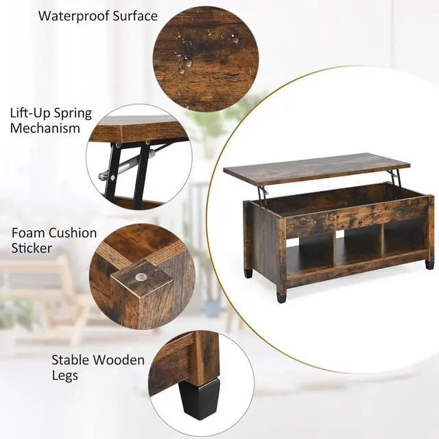Alt view image 7 of 7 - KOTEK Lift Top Coffee Table with Hidden Compartment & Open Shelves, Modern Coffee Table with Storage, Accent Table Lift-Top Table for Living Room, Reception Room (Rustic Brown)