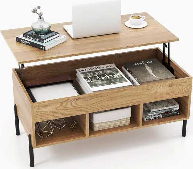 Main image of Tangkula Lift Top Coffee Table with Metal Legs, Rising Center Table w/Hidden Compartment & 3 Open Cubbies, Multifunctional Wood Dining Working Table for Living Room Reception Room (Natural)