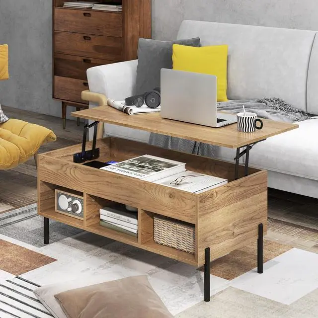 Alt view image 4 of 7 - Tangkula Lift Top Coffee Table with Metal Legs, Rising Center Table w/Hidden Compartment & 3 Open Cubbies, Multifunctional Wood Dining Working Table for Living Room Reception Room (Natural)