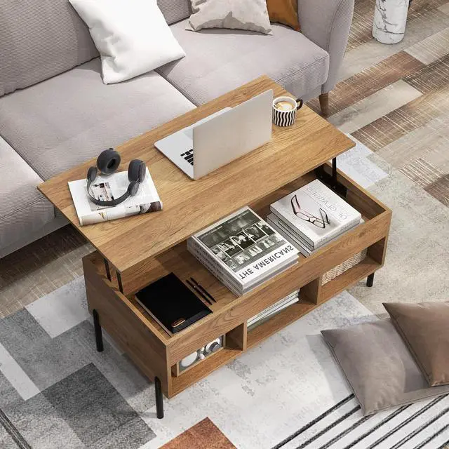 Alt view image 2 of 7 - Tangkula Lift Top Coffee Table with Metal Legs, Rising Center Table w/Hidden Compartment & 3 Open Cubbies, Multifunctional Wood Dining Working Table for Living Room Reception Room (Natural)